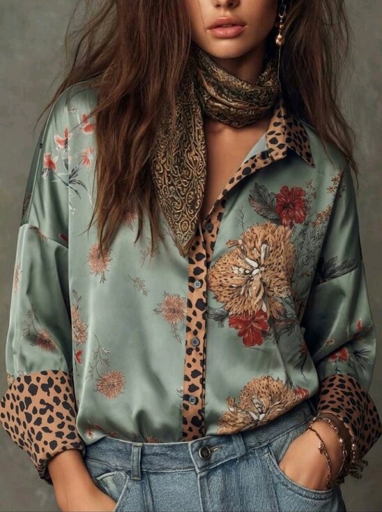 Tops - Women's Printed Blouse With Leopard Print Cuff Design,Fashionable Elegant Casual